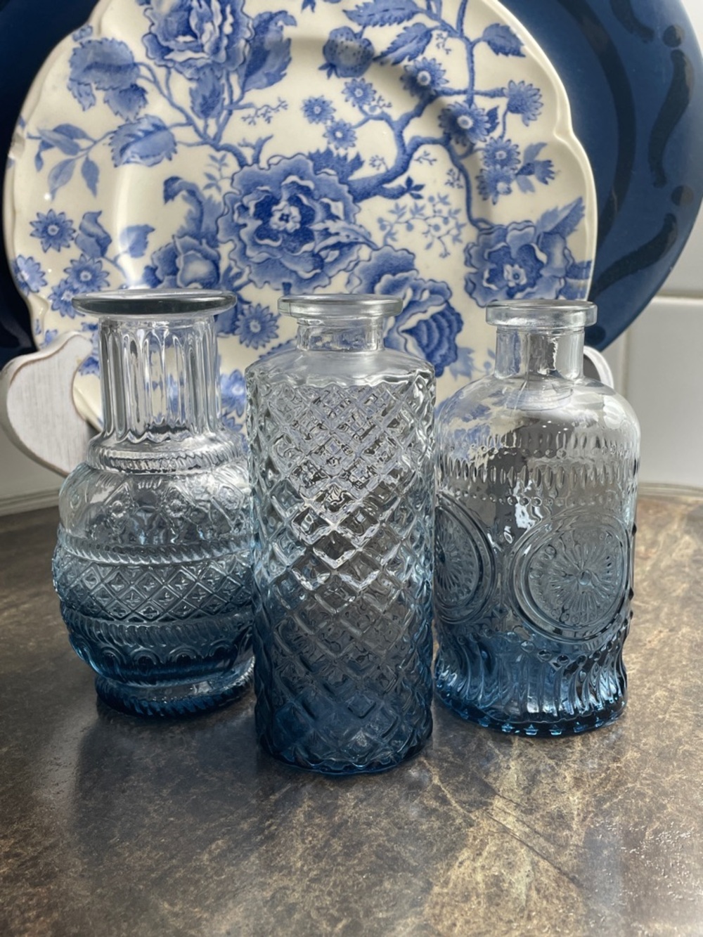 Blue Embossed Glass Bud Vase Trio - Decorative Home Accent